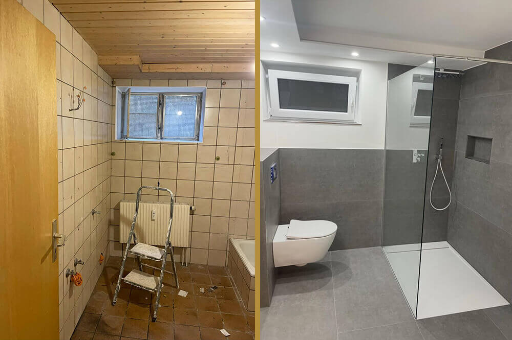 Vorher–Nachher-Vergleich einer Badsanierung durch b&r Raum & Farbe