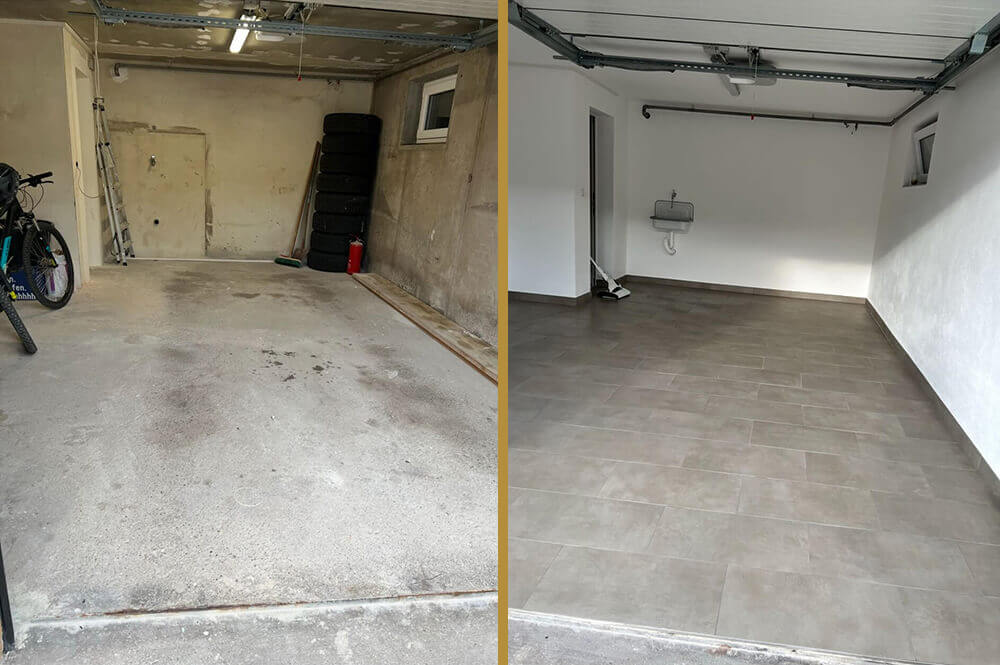 Zwei Ansichten einer Garage vor und nach der Sanierung durch b&r Raum & Farbe