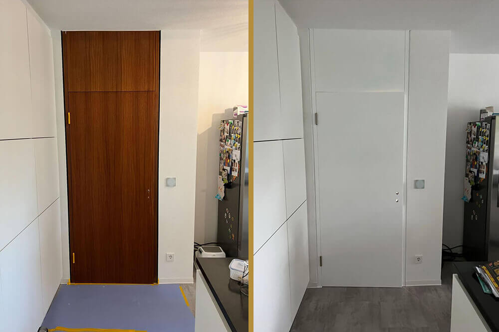 Vorher–Nachher-Bild einer aufgearbeiteten Holztür durch b&r Raum & Farbe