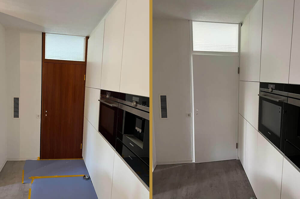 Zustand einer alten Holztür vor und nach der professionellen Renovierung durch b&r Raum & Farbe
